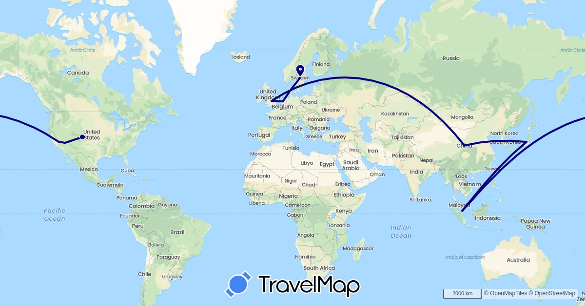 TravelMap itinerary: driving in China, United Kingdom, Japan, Netherlands, Sweden, Singapore, United States (Asia, Europe, North America)